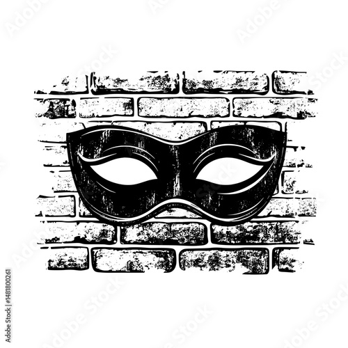 Graffiti-style masquerade mask illustration with theatrical flair placed against a detailed brick wall texture background