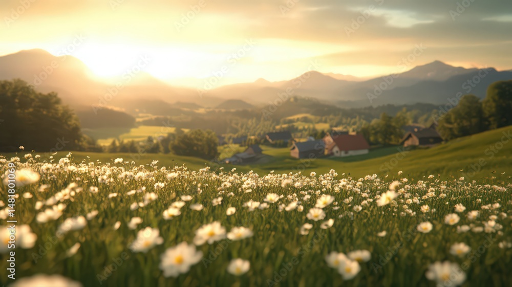 Obraz premium Misty Meadow with Daisies at Sunrise