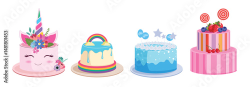 Birthday cake unicorn clipart set. Birthday cute cake in pink and blue clip art for girl and boy party celebration decoration collection vector illustration. 
