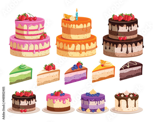 Birthday cake elements clipart set. Birthday cake dessert in whole, two layers and slices clip art with delicious flavors like strawberry, lemon, chocolate and cherry collection vector illustration.

