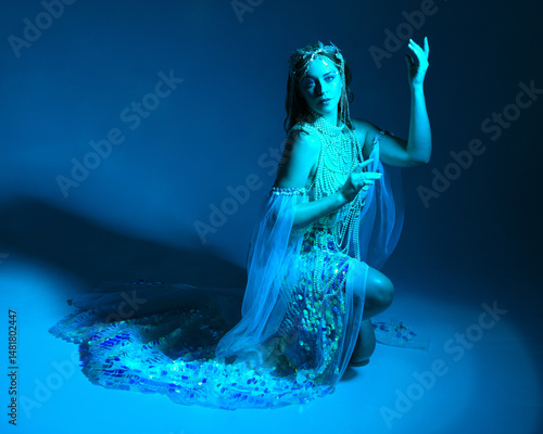 Fantasy studio portrait of a red-haired mermaid faery model wearing white pearl gown, fairytale costume. classical sitting pose,, ethereal moody blue lighting as if underwater on studio background