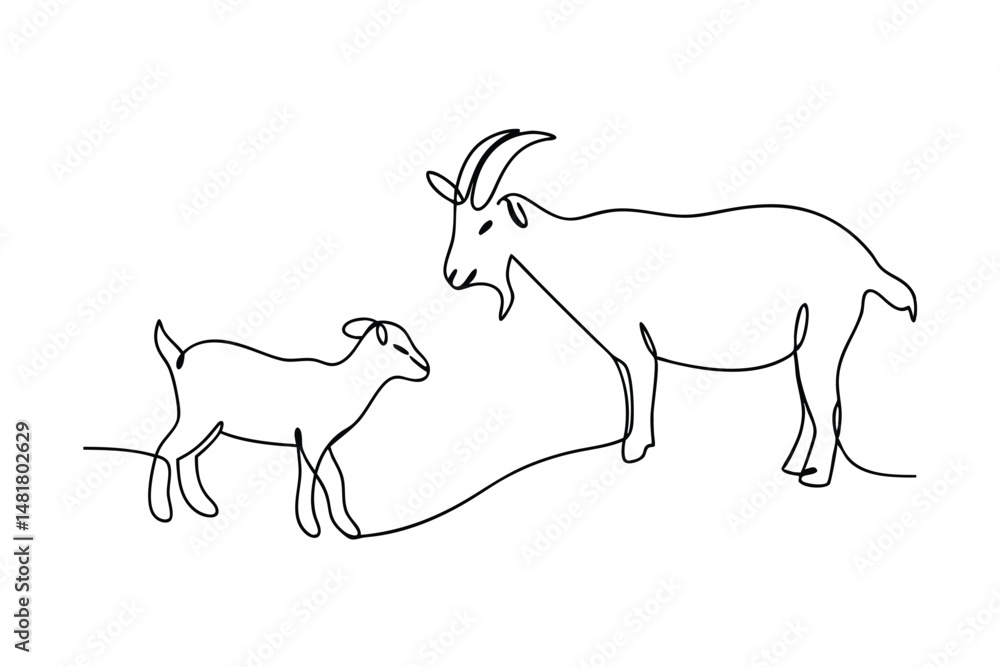 Fototapeta premium Elegant single line drawing of a goat and kid in minimalistic black outline