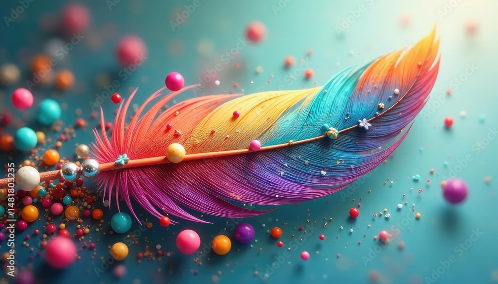 Obraz premium Delicate feathers adorned with colorful beads , style, background