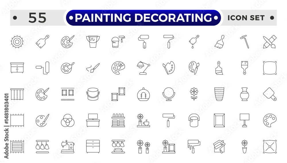 Painting Decorating outline icons. Set of Paint and decorating icon and painting tools. Color palette, Roller, Creative art brush, bucket. Painting Decorating outline icons. Set of Paint and decorating icon and painting tools. Color palette, Roller, Creative art brush, bucket.