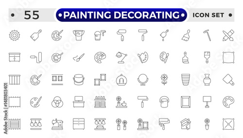 Painting Decorating outline icons. Set of Paint and decorating icon and painting tools. Color palette, Roller, Creative art brush, bucket.