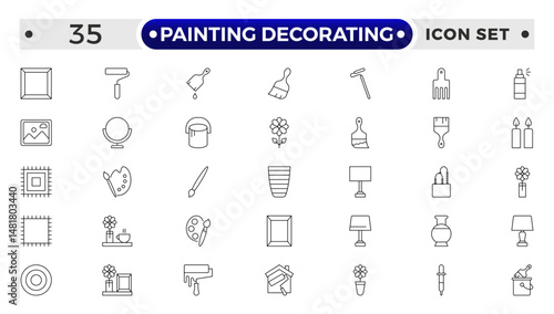 Painting Decorating outline icons. Set of Paint and decorating icon and painting tools. Color palette, Roller, Creative art brush, bucket.