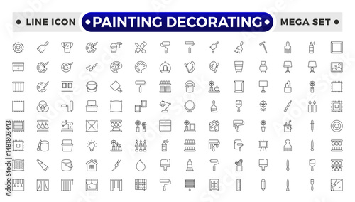 Painting Decorating outline icons. Set of Paint and decorating icon and painting tools. Color palette, Roller, Creative art brush, bucket.