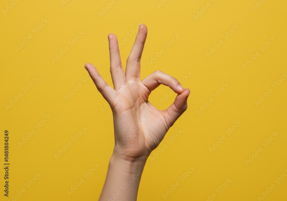 Naklejka premium Photo Ok Hand Gesture Against Yellow Backdrop