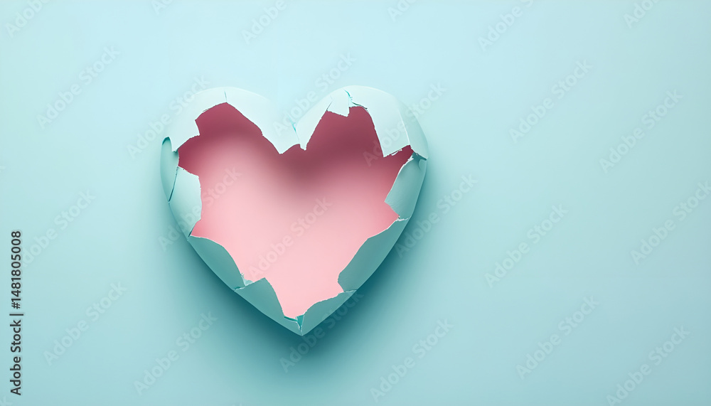 White paper with hole in shape of heart and pink one on light blue background, top view White paper with hole in shape of heart and pink one on light blue background, top view