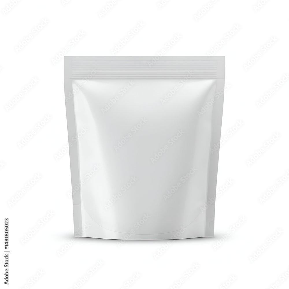 Empty white pouch food packaging, ready for branding. Blank product sachet, no text or images, on a white background, displaying a smooth surface and seal lines. Empty white pouch food packaging, ready for branding. Blank product sachet, no text or images, on a white background, displaying a smooth surface and seal lines.