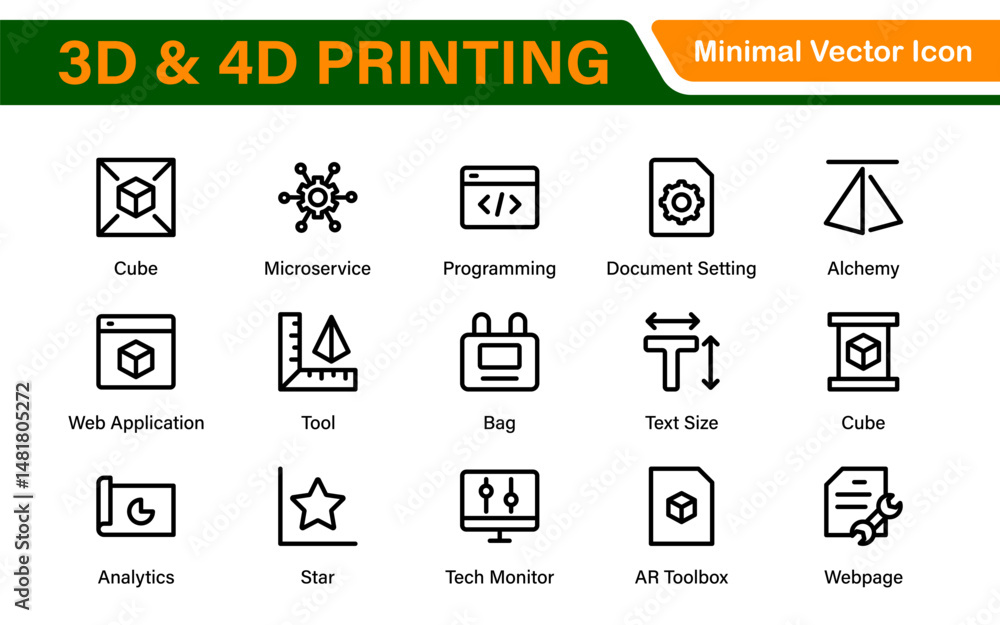 3D and 4D Printing Icons – Outline, Vector, and Line Art Illustrations for Printing Tech, Prototyping, Design, Engineering, and Innovation Projects 3D and 4D Printing Icons – Outline, Vector, and Line Art Illustrations for Printing Tech, Prototyping, Design, Engineering, and Innovation Projects