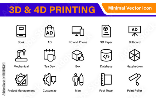 3D and 4D Printing Icons – Outline, Vector, and Line Art Illustrations for Printing Tech, Prototyping, Design, Engineering, and Innovation Projects