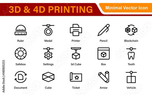 3D and 4D Printing Icons – Outline, Vector, and Line Art Illustrations for Printing Tech, Prototyping, Design, Engineering, and Innovation Projects