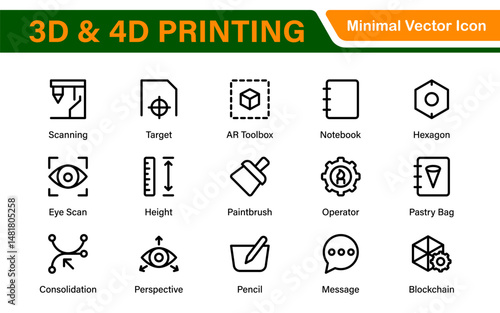 3D and 4D Printing Icons – Outline, Vector, and Line Art Illustrations for Printing Tech, Prototyping, Design, Engineering, and Innovation Projects