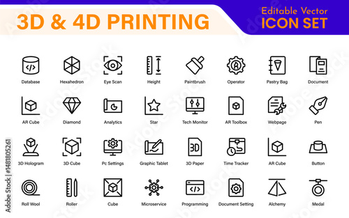 3D and 4D Printing Icons – Outline, Vector, and Line Art Illustrations for Printing Tech, Prototyping, Design, Engineering, and Innovation Projects