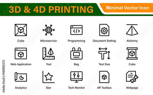 3D and 4D Printing Icons – Outline, Vector, and Line Art Illustrations for Printing Tech, Prototyping, Design, Engineering, and Innovation Projects