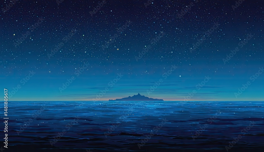 Starry night over ocean with island Starry night over ocean with island