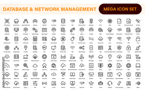 Database Network and Server Management Icon Set – Minimal Line Vector Illustrations for IT, Networking, Cloud, Servers, Security, and Digital Solutions