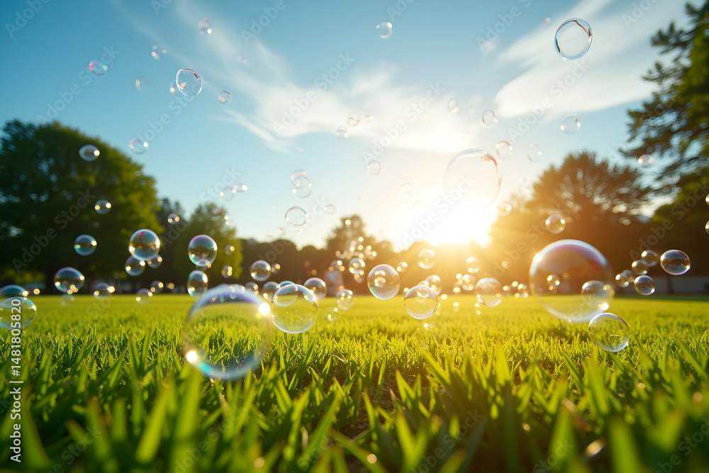 Sunlit meadow panorama with floating bubbles creating a whimsical and enchanting atmosphere, perfect for evoking joy and wonder in viewers hearts and minds Sunlit meadow panorama with floating bubbles creating a whimsical and enchanting atmosphere, perfect for evoking joy and wonder in viewers hearts and minds