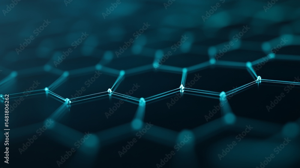 Obraz premium Hexagonal nodes float against a deep navy backdrop, interconnected by glowing teal lines, illustrating the flow of data and advanced network systems clearly