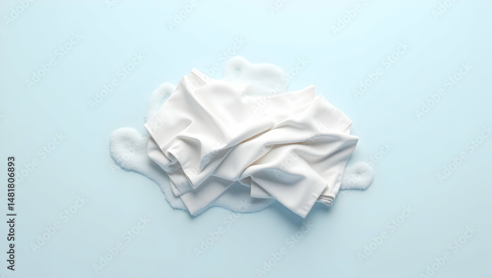 Top View of a Pile of Freshly Laundered White Clothes Surrounded by Fluffy Elements on a Serene Blue Surface, Conveying Cleanliness and Comfort Top View of a Pile of Freshly Laundered White Clothes Surrounded by Fluffy Elements on a Serene Blue Surface, Conveying Cleanliness and Comfort