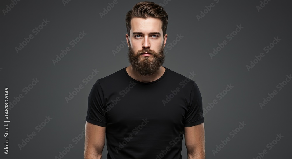Photo Portrait of Serious Man with Beard and Black Shirt on Gray Photo Portrait of Serious Man with Beard and Black Shirt on Gray