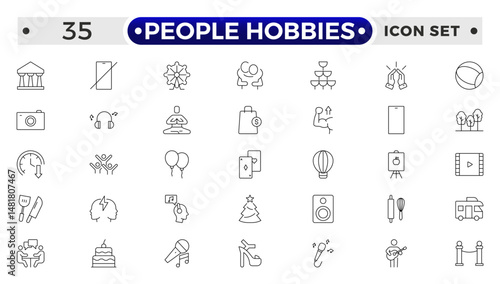 People Hobbies outline Icons set. Vector illustration in modern thin line style of human life related icons: nutrition, entertainment, personal development, daily routine, and more.