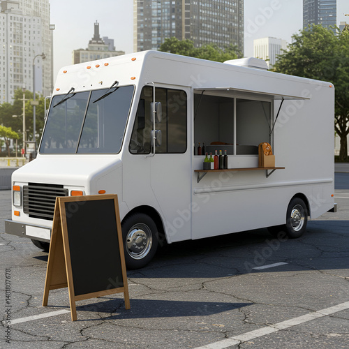 White food truck parked in urban setting with empty chalkboard menu board. Mobile food vendor parked in a city parking lot. Small business owner with food truck. urban location.