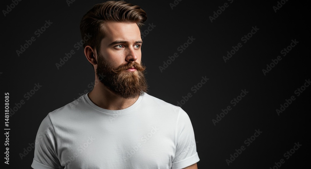 Fototapeta premium Photo Realistic Portrait of Bearded Man in White Shirt on Dark Background