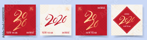 Set of cards for Chinese New Year. Vector covers with combining the horse head with calligraphy numbers and asian symbols. 2026 Lunar New Year. Translation of hieroglyphs: Happy New Year, Horse.