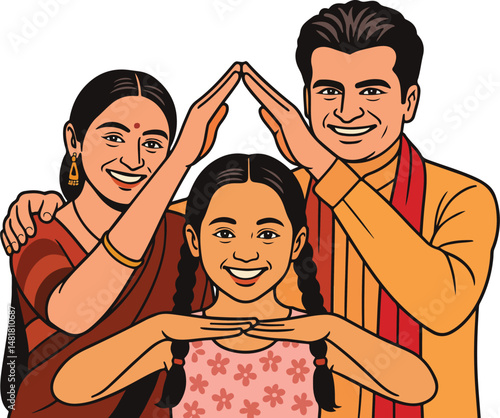 Indian family holding hands vector cartoon illustration