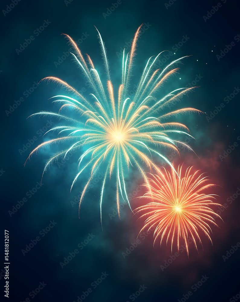Fototapeta premium Vibrant Night Sky Display, A Captivating Visual Symphony of Swirling Kaleidoscopic Fireworks Radiating with Joy and Celebration under a Starry Canopy