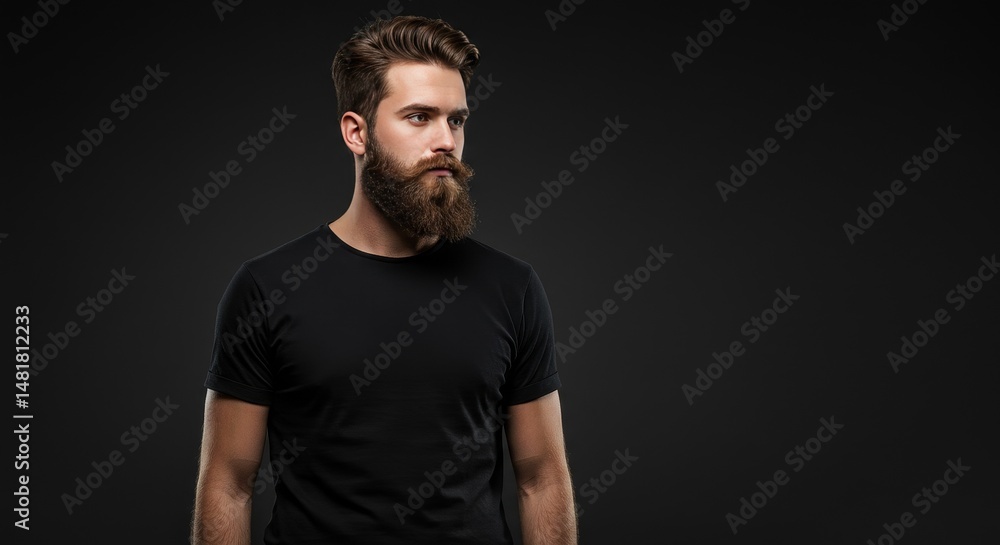 Portrait of Bearded Man in Black Shirt on Dark Background Portrait of Bearded Man in Black Shirt on Dark Background