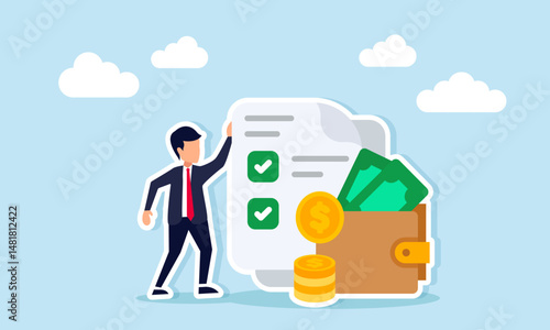 Businessman standing beside wallet full of cash and paper documents with checkmarks illustration of business investment financial documentation and record keeping