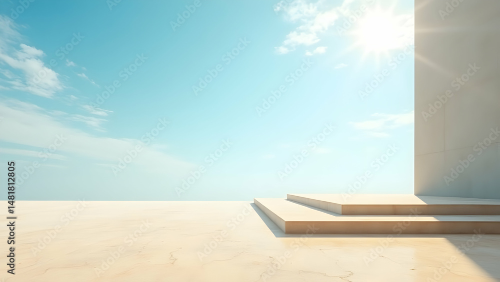 Fototapeta premium Vibrant sandstone platform bathed in radiant sunlight under a clear blue sky, architectural design blending minimalism and natural light, perfect for product display
