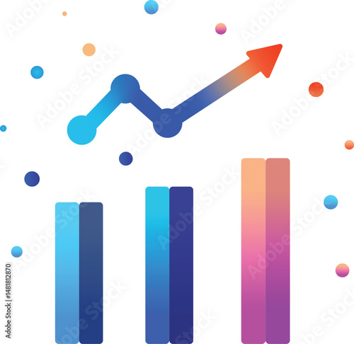 Colorful Graph with Upward Arrow Trend. Gradient bar graph with upward trend line and dots. Growth vector.