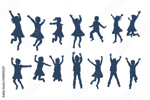 Children Jumping Silhouettes, Energetic Kids Poses, Playful Children Silhouette, Joyful Movement Figures, Dynamic Kids Silhouettes Clipart Vector Illustration.