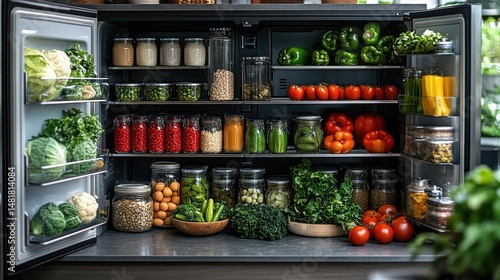 Organized refrigerator stocked with fresh produce and pantry items.