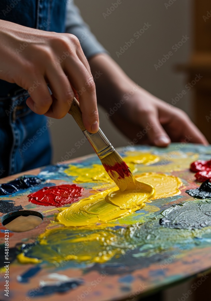 Realistic Photo of Artist Mixing Yellow Paint on Palette Realistic Photo of Artist Mixing Yellow Paint on Palette