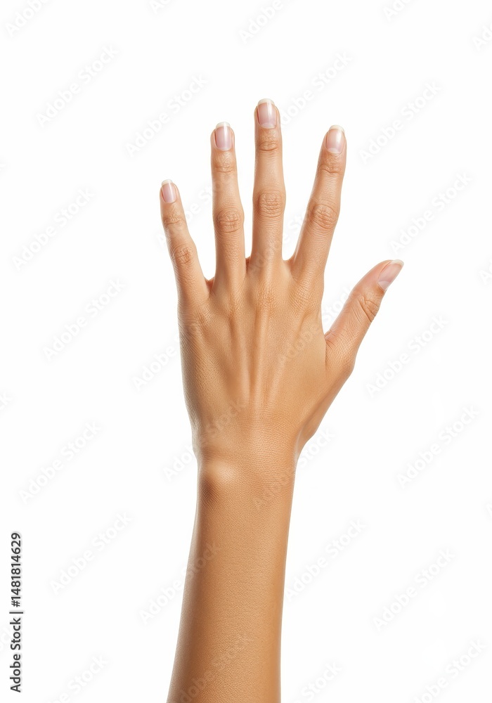 Fototapeta premium Realistic Photo of Woman Hand Counting Five on White Background