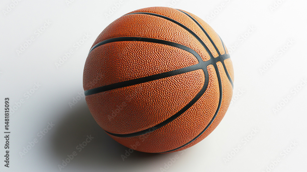 Fototapeta premium A professional-grade basketball with deep pebble texture and precise channel grooves, centered on a matte white surface, soft drop shadow and subtle highlights giving realistic depth,