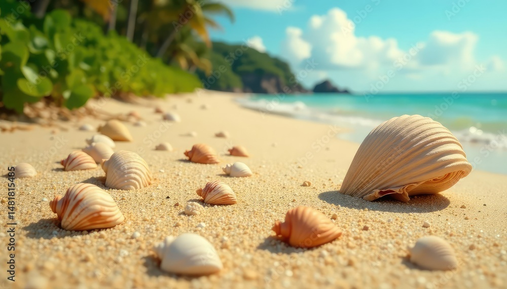 Seashells scattered on golden sand, lush vegetation backdrop, nature, golden sand Seashells scattered on golden sand, lush vegetation backdrop, nature, golden sand