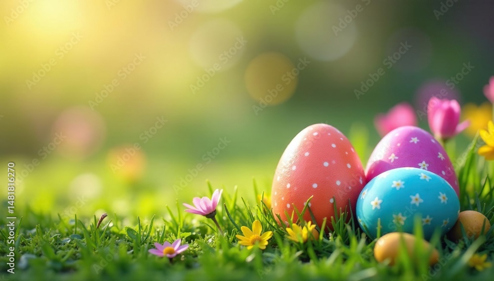 Vibrant colorful Easter eggs in a spring setting , easter bunny, pastel colors, easter egg hunt Vibrant colorful Easter eggs in a spring setting , easter bunny, pastel colors, easter egg hunt