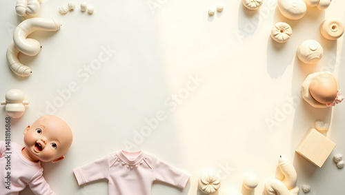 Whimsical Flatlay of Baby Items in Pastel Tones, Capturing the Essence of Childhood Innocence and Delicate Joy in a Soft, Dreamy Aesthetic
