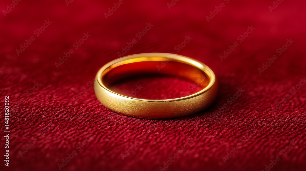 A gleaming gold wedding band rests on a rich velvet red background. A gleaming gold wedding band rests on a rich velvet red background.