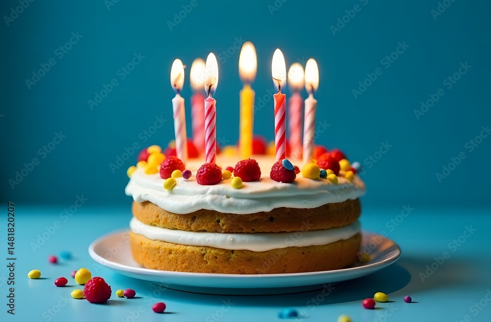 Birthday cake with blue frosting and yellow birthday candles ready for a birthday party, blue background Birthday cake with blue frosting and yellow birthday candles ready for a birthday party, blue background