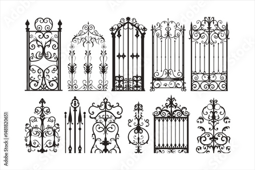Black ornate fence elements. Isolated decorative fences. Ornamental railings for terrace or balcony. Outdoor architecture vector set of fence isolated, old architecture black silhouette illustration