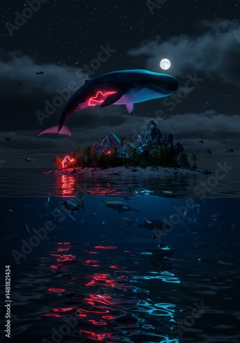 Pixel Art of Bioluminescent Whale Jumping Over Island at Night