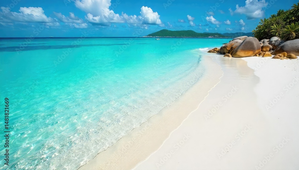 Fototapeta premium White sand, clear shallow water, coral reefs visible , sunny, sea