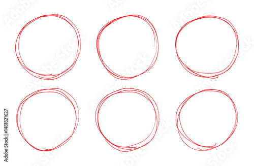 Red pen drawn marks, red circle set, highlight circle. Charcoal pen round ovals. Set of doodle ellipses. Scribble ovals, marker round elements isolated on a white background.	
